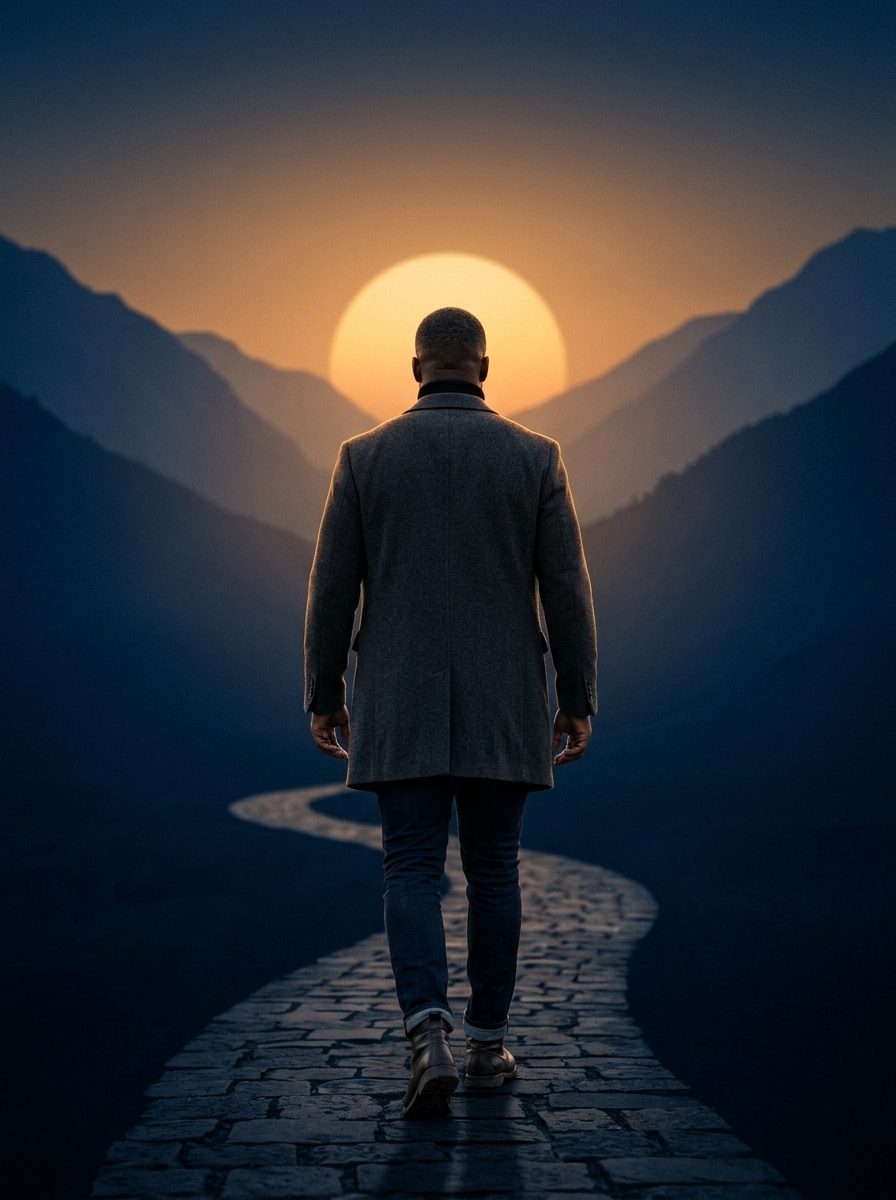 Joel M. Alexander walking toward the sunrise, pointing the way forward